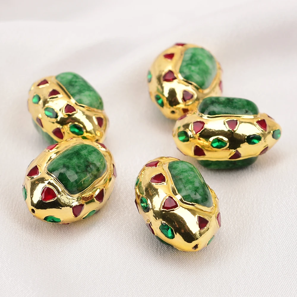 APDGG 5 Pcs Big Green Jasper Stone Oval Shape Red Crystal Connector Gold Plated Spacer Beads Jewelry Making DIY