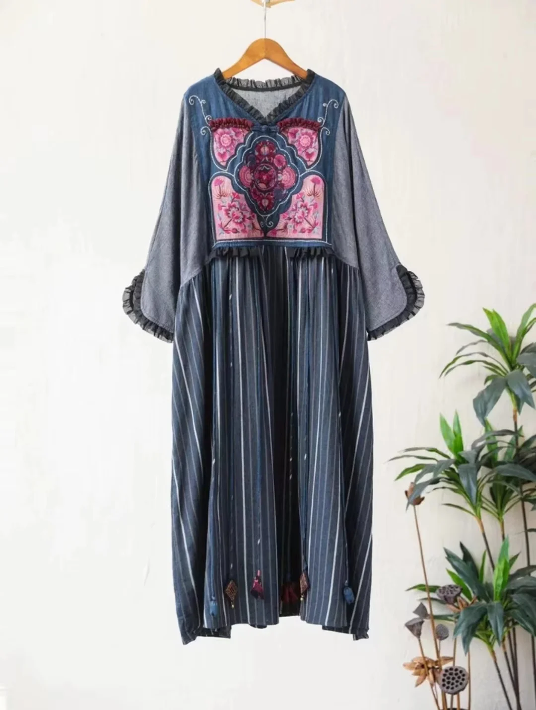Women's Vintage Grayish Blue Striped Long Robe Dress Ethnic Style Embroidery Cotton Linen Patchwork Loose Fit Casual Dress