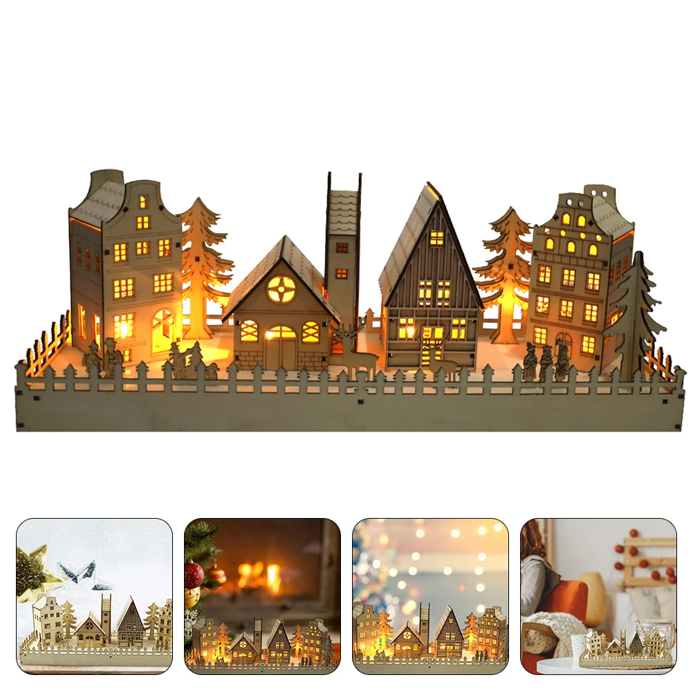 

Wooden Christmas Tree Ornament Glowing House Decor Xmas Desktop Adorn Unique Gift Background Prop Soft Light Party Decoration