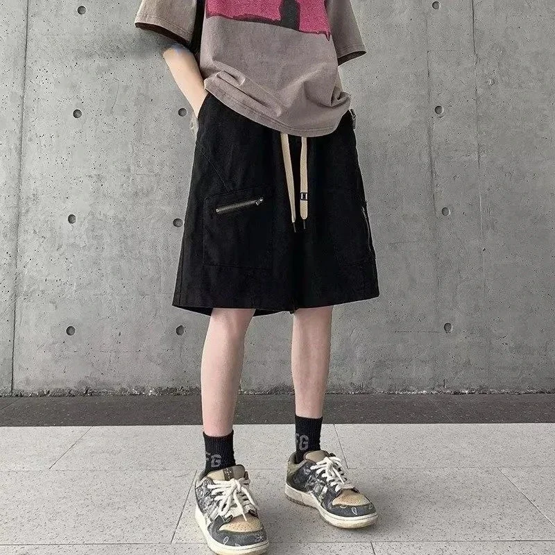 Wide Mens Cargo Shorts Loose Solid Short Pants for Men Elastic Waist with Draw String Long Baggy Bermuda Half Pockets Designer