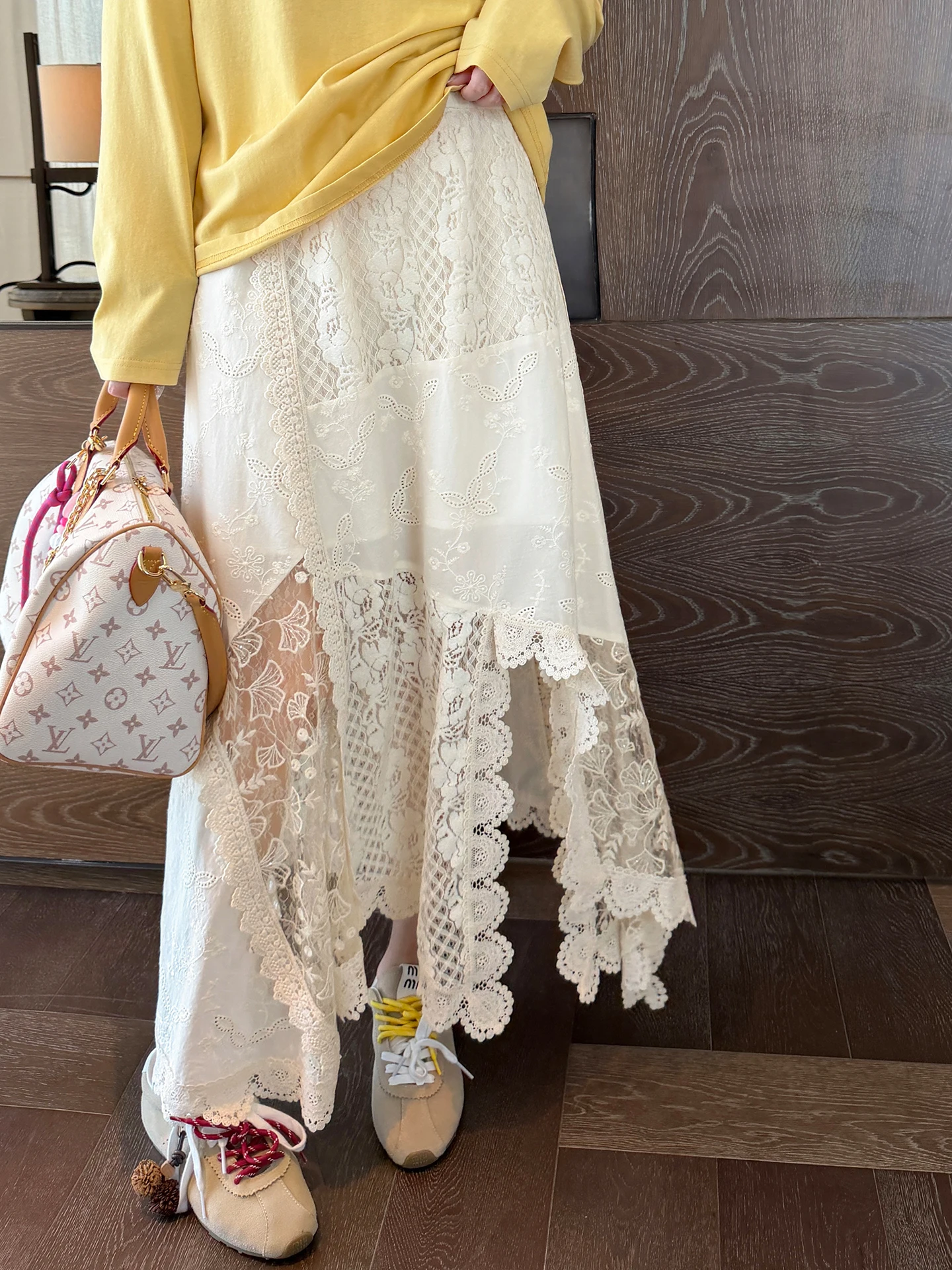 

White Irregular Splicing f Skirt by Zhang ei 3 Pieces High Waist A-Line Nylon Daily Wear Office Commute Sle