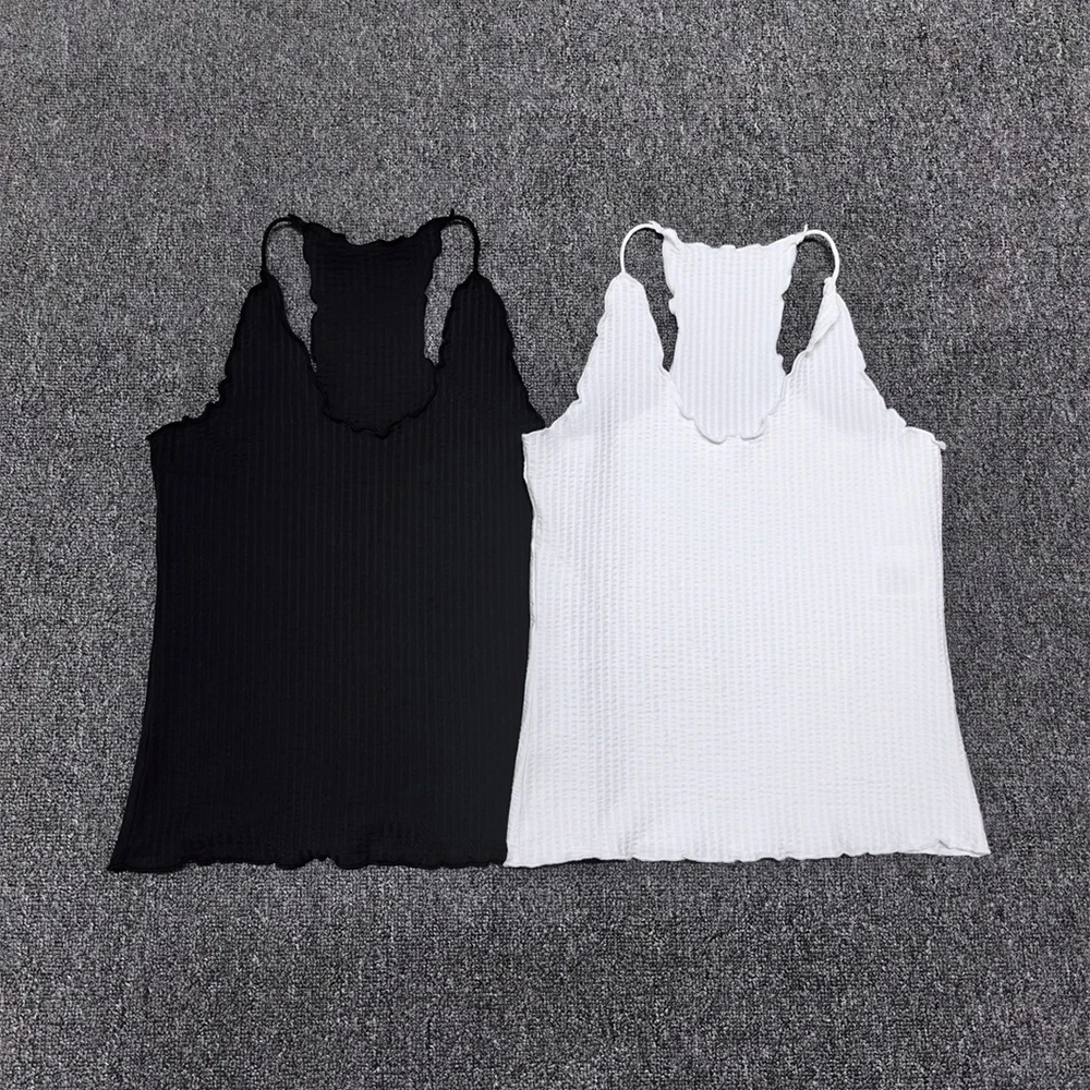 

Women Cotton Blend Ribbed Camisole Tank Top Racerback Lettuce Trim V-Neck Sleeveless Basic Black White Casual Summer Tops