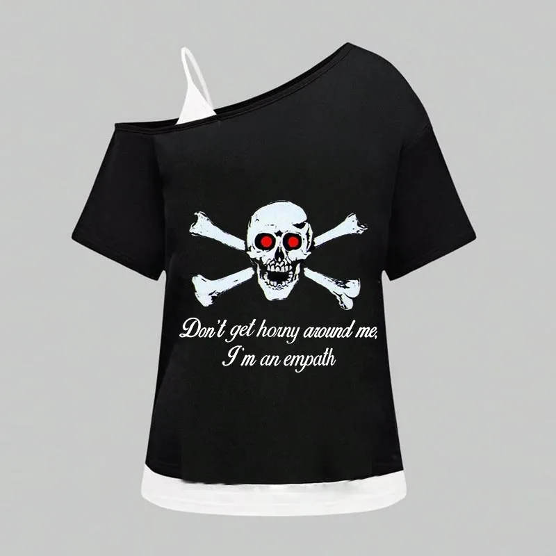 

Lazy casual style new fake two-piece sloping shoulder T-shirt punk gothic print skull letter creative pattern