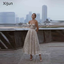 XIjun GlitterA Line Evening Dress 2023 Silver Sequin Sweetheart Spaghetti Strap Long Prom Dress Floor Length For Girls Gradution