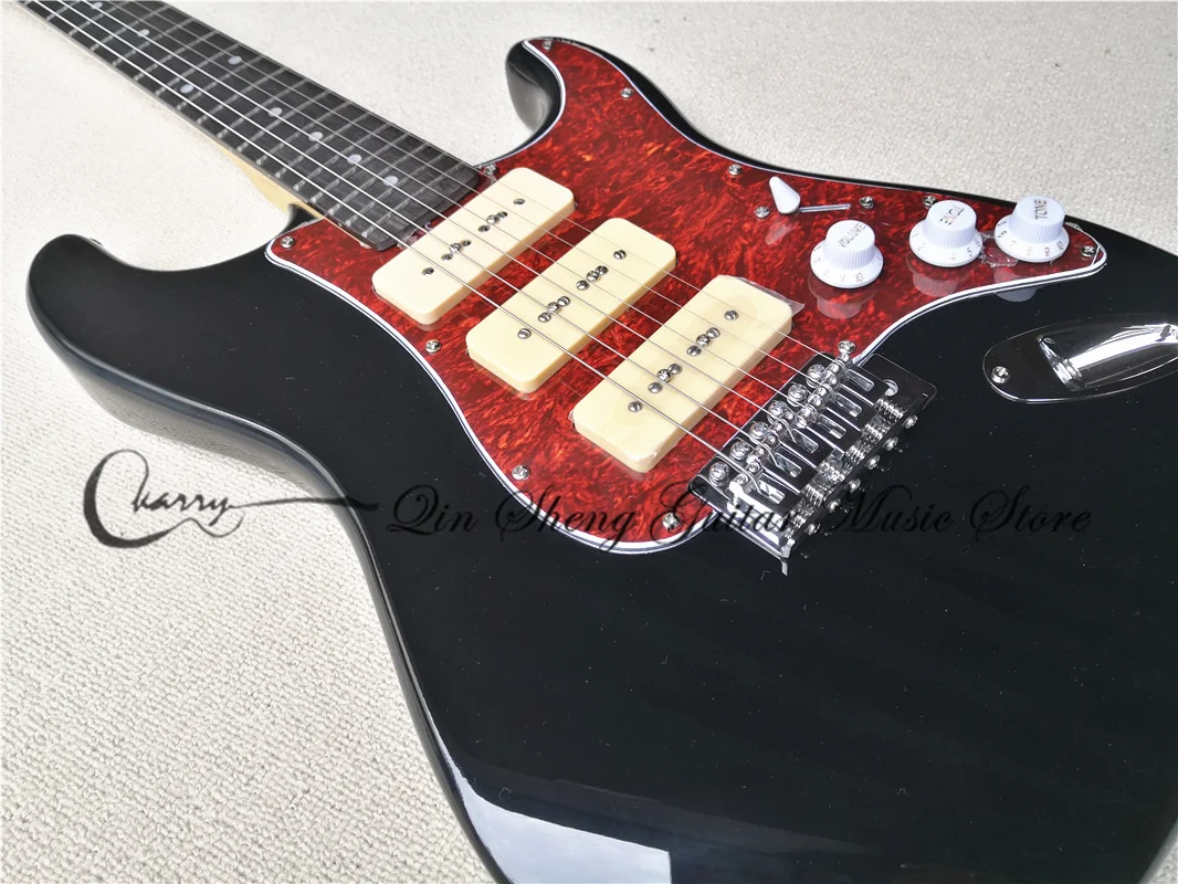 Custom  6 string Electric Guitar,  black Stra guitar,P90 pickups,fixed bridge, red pearl shell pickguard,rosewood fingerboad