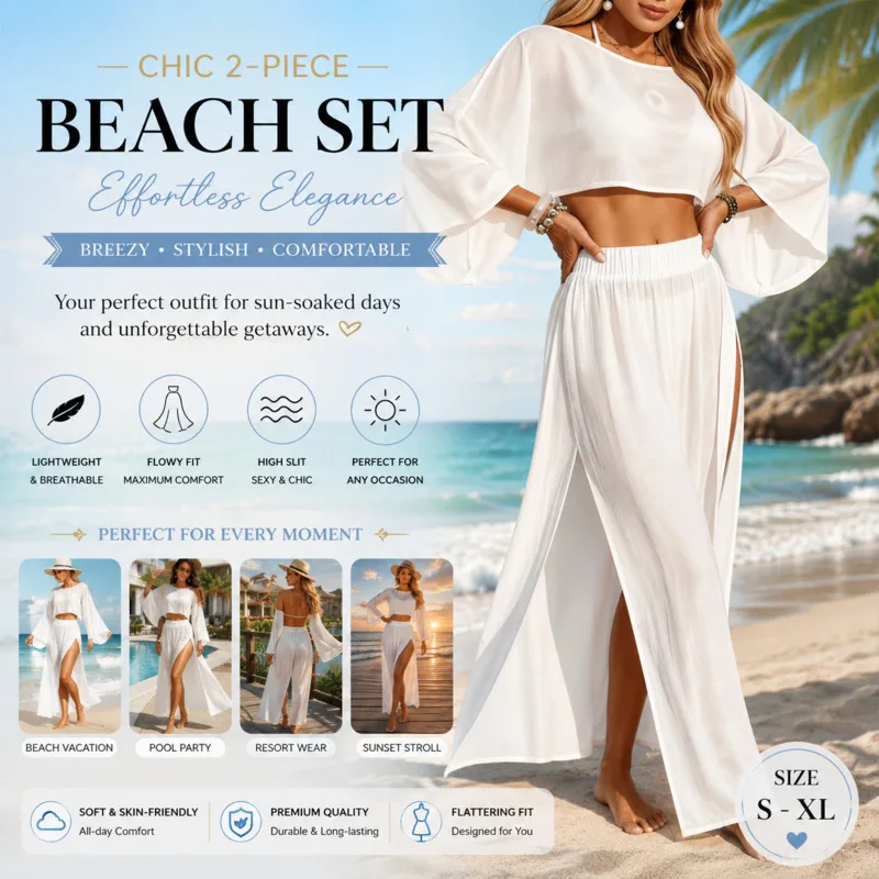 

Beach Swimsuit Set Women Beach 2 Piece Swimsuit Cover Up Set Sheer Crop Top And Split Skirt Outfit Summer Vacation Beachwear New