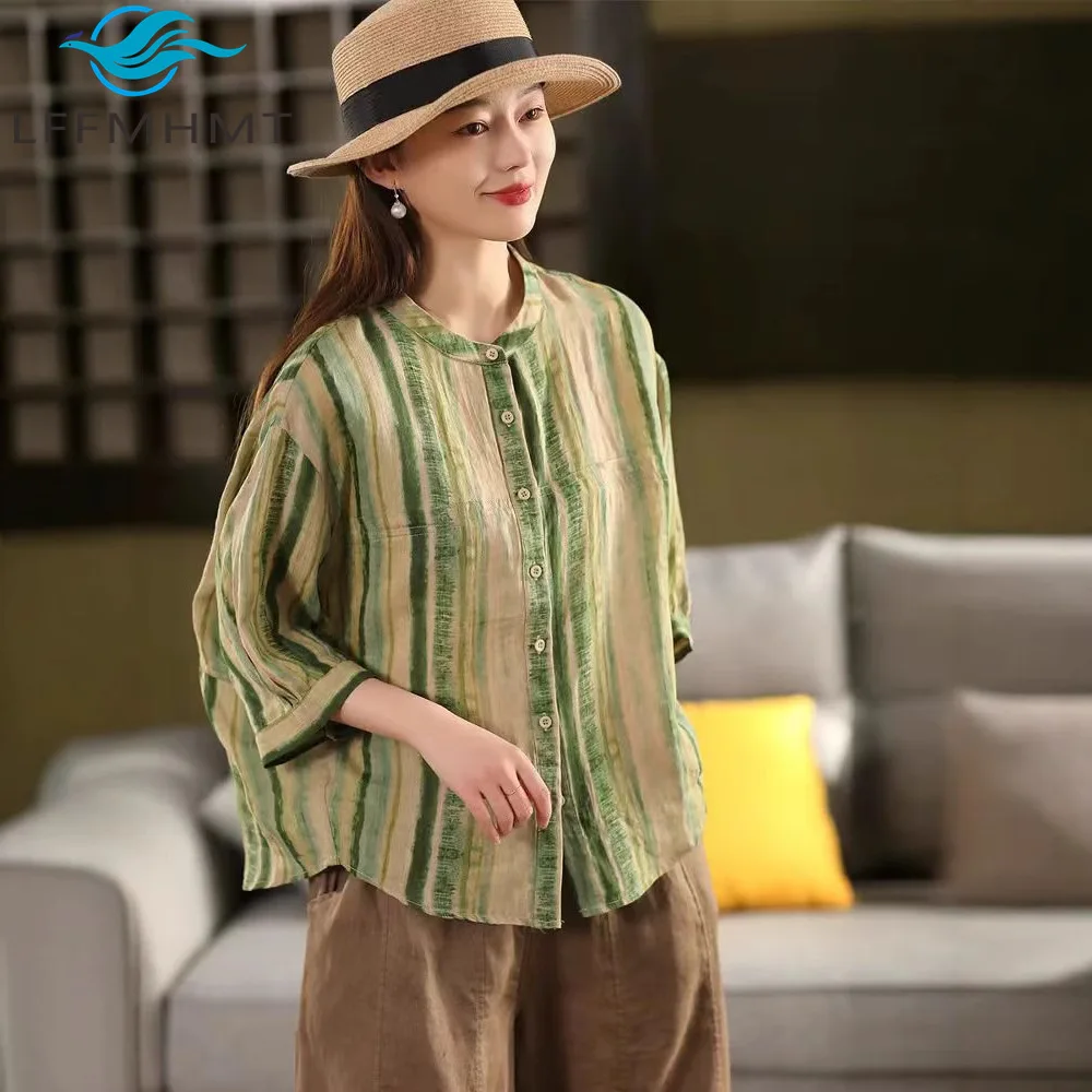 100% Linen Good Quality Retro Summer Striped Shirt Stand Collar Half Length Sleeve Loose Literary Elegant Button Up Female Tops
