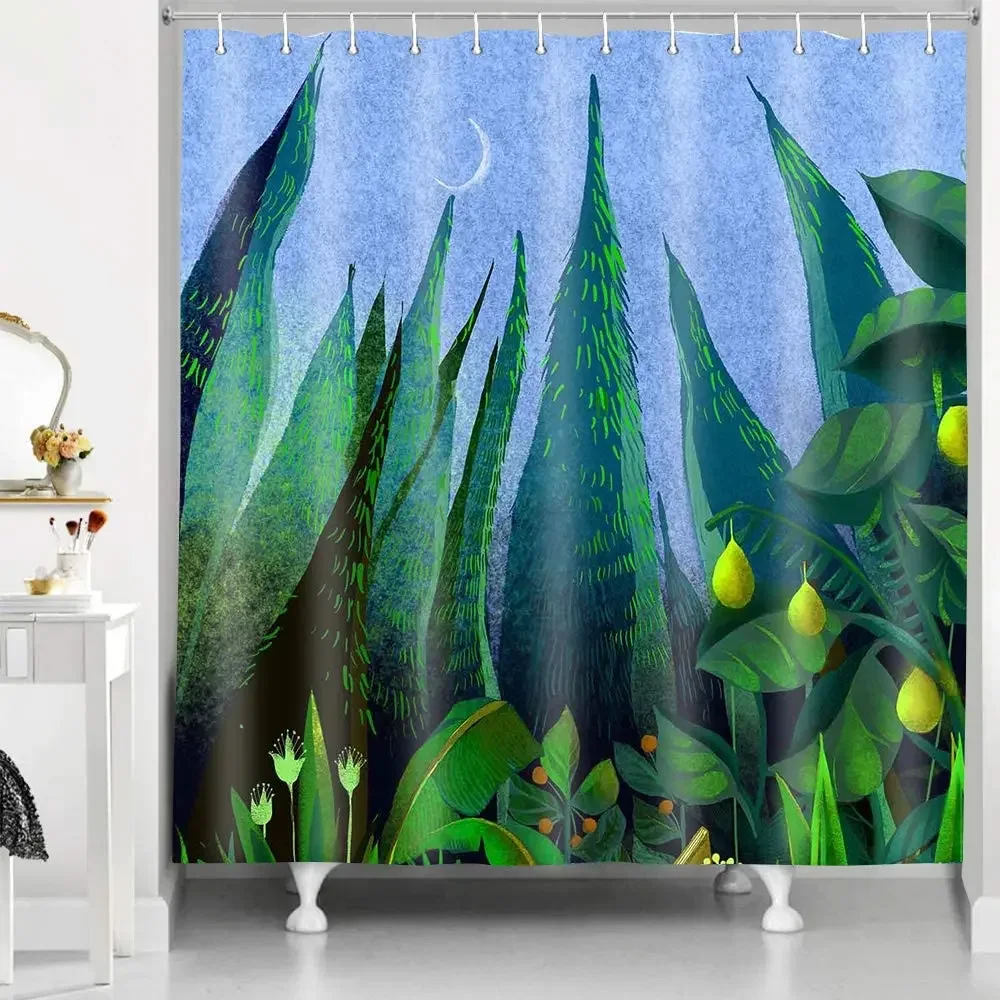 Pine Forest Shower Curtain Green Plants Blue Night Sky Moon Mystery Wonderland Modern Abstract Art Bathroom Decor With Hooks