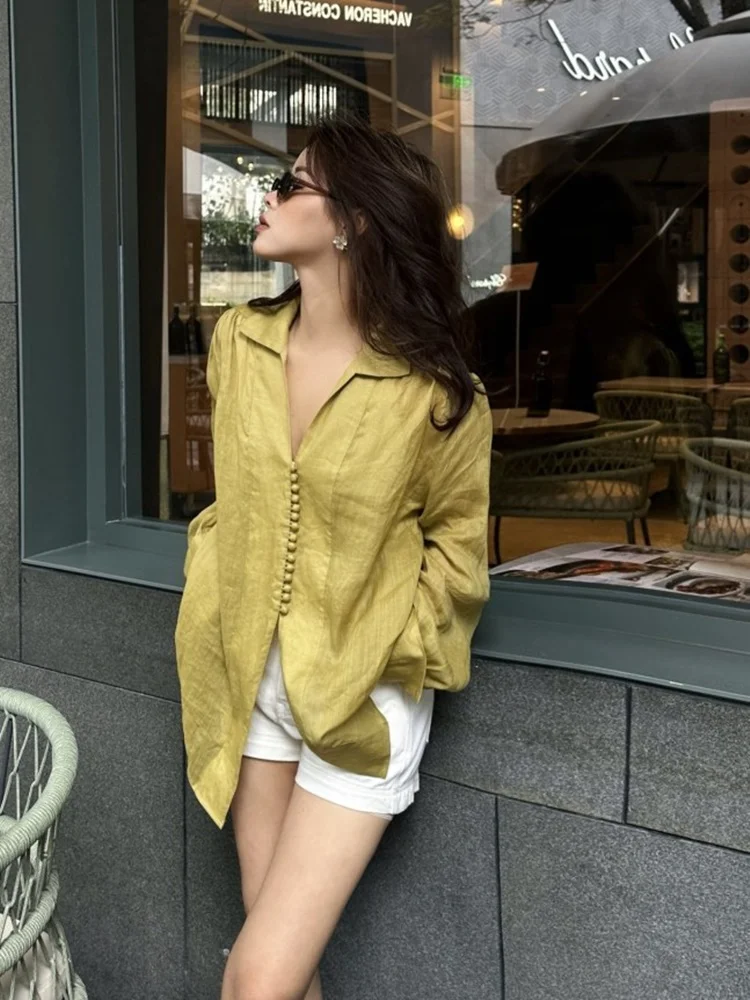 

Женская летняя льняная рубашка Ele V-Ne Linen с V-образным вырезом, приталенная, с защитой от солнца, для отпуска, с длинными рукавами, на пуговицах, однотонная