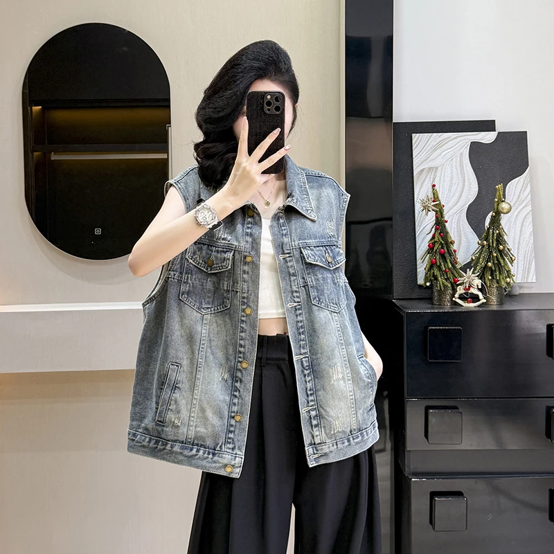 

Женские жилеты, однобортные джинсовые куртки, кардиган с отложным воротником, потертое пальто с карманами, свободные однотонные повседневные осенние куртки