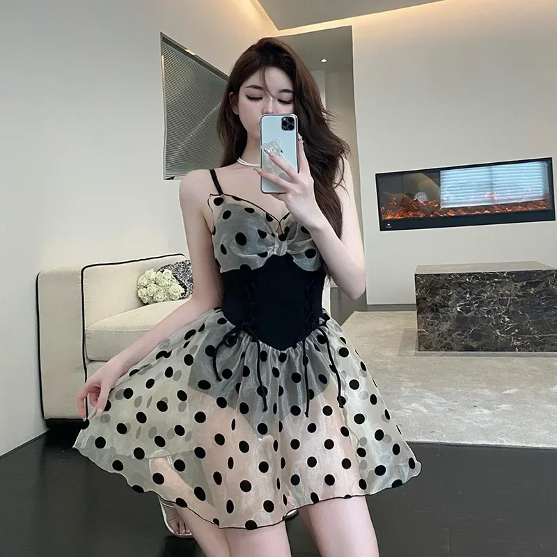 

Korean Style One Piece Polka Dot Swimsuit Women Bow Tie Swimwear Padded Bathing Suit Monokini Beachwear Fashion Princess Skirt