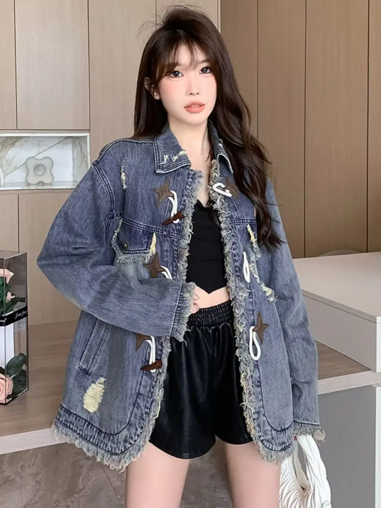 Retro Raw Edge Loose Denim Jacket Women Spring Autumn New Design Slim Casual Jacket Long-Sleeved Top