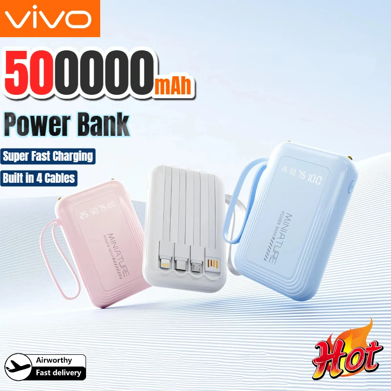 

Внешний аккумулятор VIVO 500000 мАч с 4 встроенными кабелями, сверхбыстрой зарядкой и цифровым дисплеем для iPhone, Samsung, Huawei