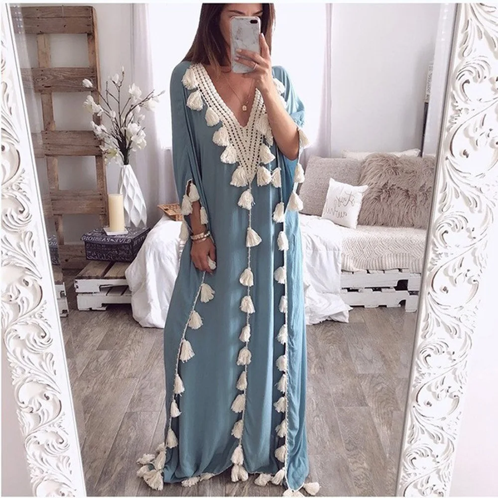 Women's Long Dresses Middle East Plus Size Long Gowns V Neck Smocked Tassel Patchwork Dresses Dresses