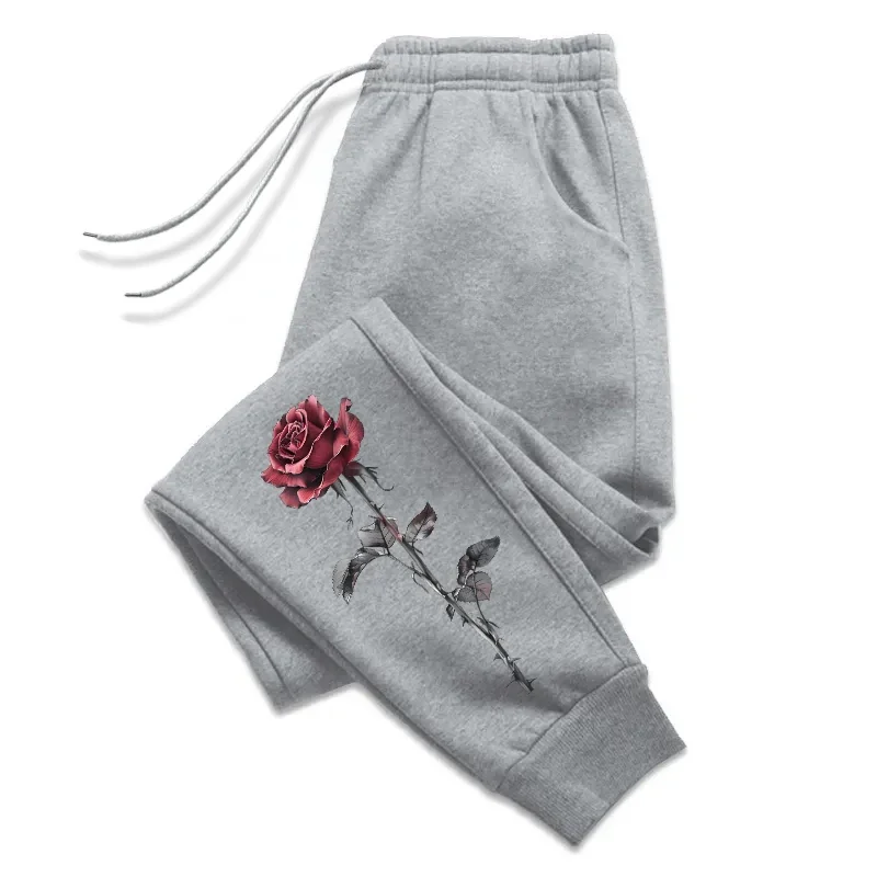 

Rose print women's long pants with drawstring, soft jogging pants for all seasons, casual sports, versatile sports pants