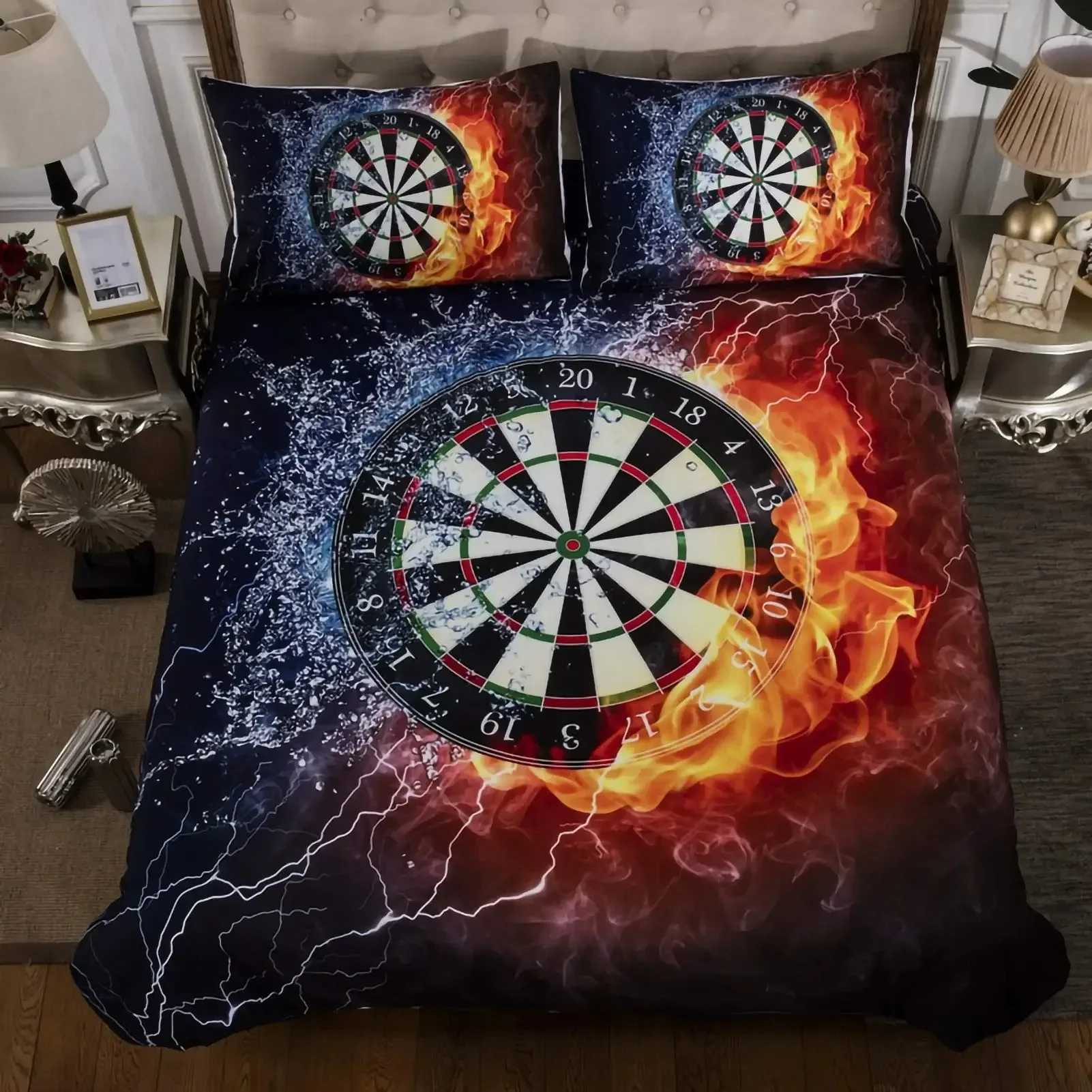 Dart Board Duvet Cover Set,Dartboard Bedding Sets Skin-friendly Lightning and Flame Comforter Cover Set Full Queen Size