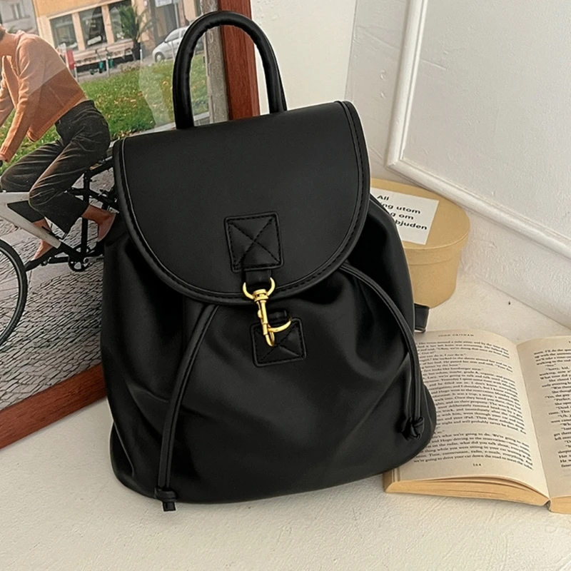 Korean Women PU Leather School Bag Student Girls Large Capacity Drawstring Laptop Backpack Youth Travel Casual Rucksack Bookbag