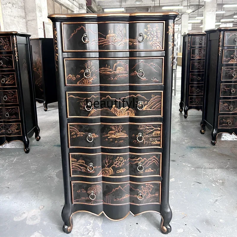 

Hand-painted Chest of Drawers Solid Wood Painted Art Vintage Decorative Cabinet American European Style Drawer Storage Cabinet