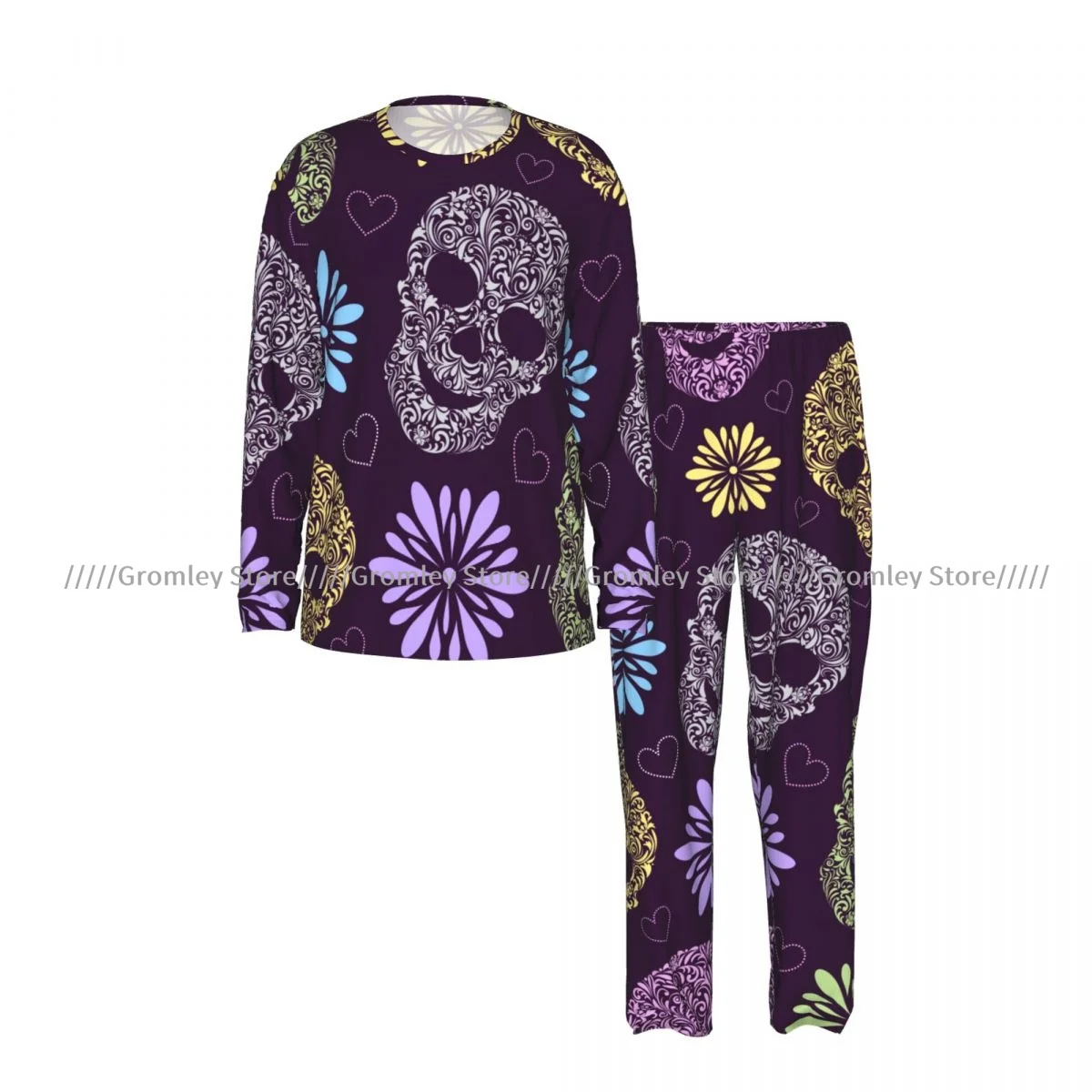 Men's Pajamas Set Abstract Floral Skulls Pattern Long Sleeve Top & Long Pants Sleep Set