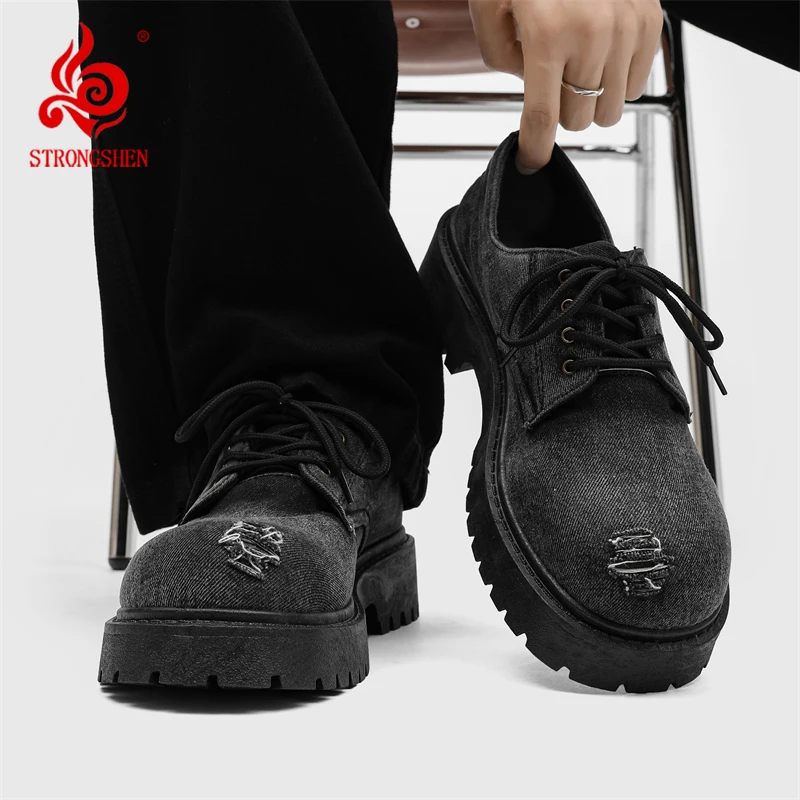 STRONGSHEN High Quality Men Canvas Leather Shoes Casual Leather Shoes Lace Up Wedding Shoes Men Platform Gentleman Derby Shoes
