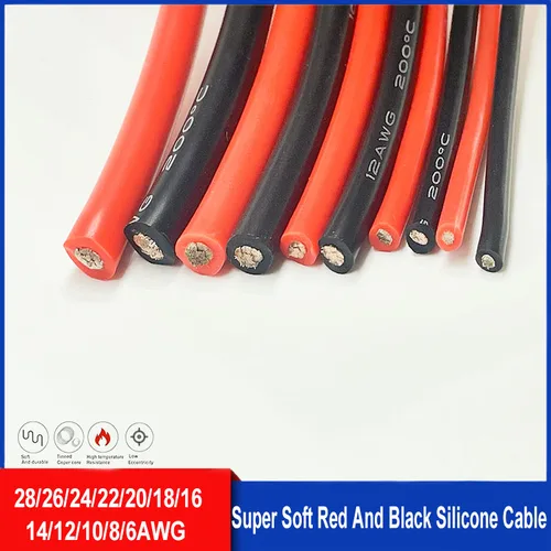 Cable de silicona de cobre estañado Flexible, alambre eléctrico resistente a altas temperaturas, rojo y negro, 10awg, 12awg, 14, 16, 18, 20, 22, 24, 26, 28awg