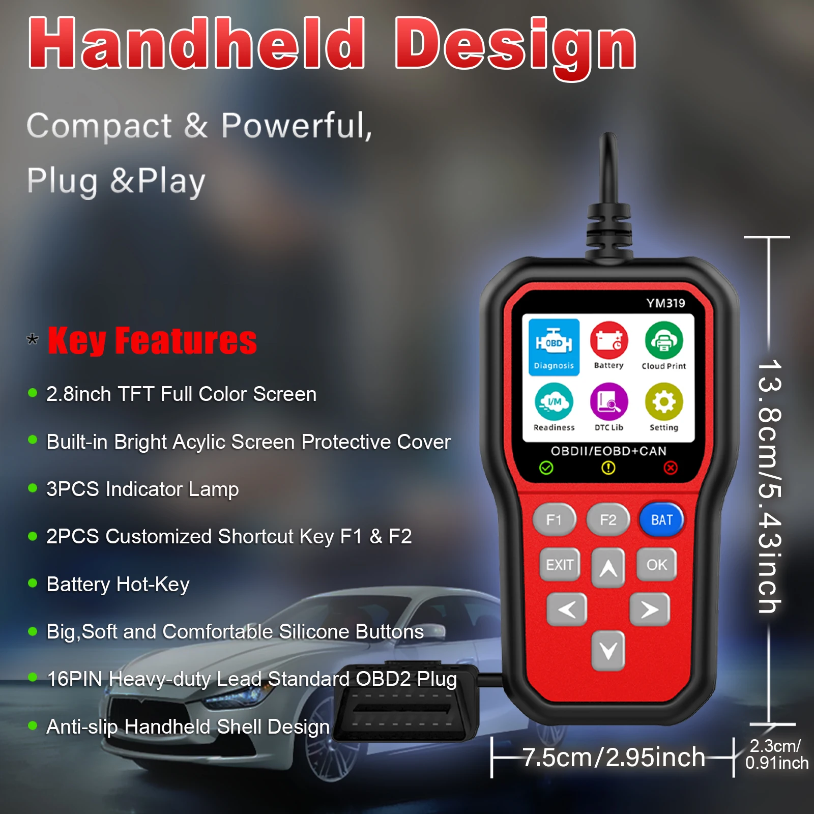 OBD2 Scanner Red YM319 OBDII Diagnostic Professional Mechanic Code Reader Tool For Check Engine Light Cloud Printing