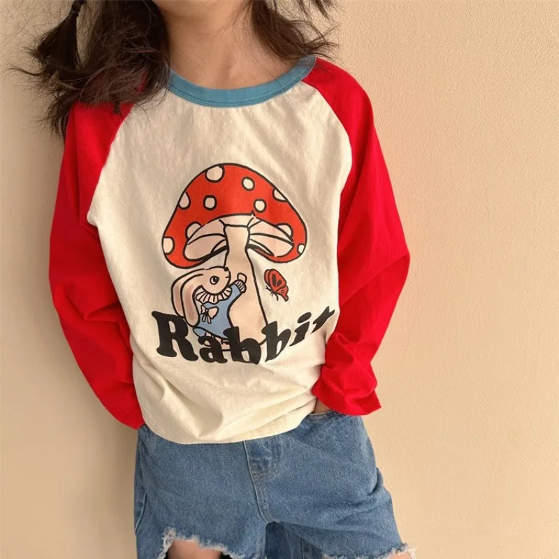 

2024 spring boys and girls contrast color long sleeve mcartoon T shirts unisex kids cotton loose Tops