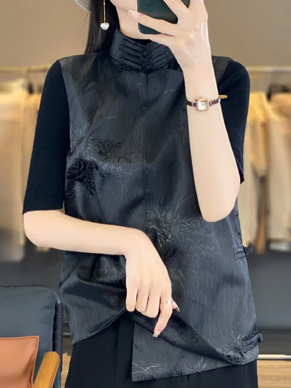 

Silk Satin Vest Women's Stand Collar Button Embroidery Svel Tank Top Acetate Layered Wear Commute Sle Straight Cut