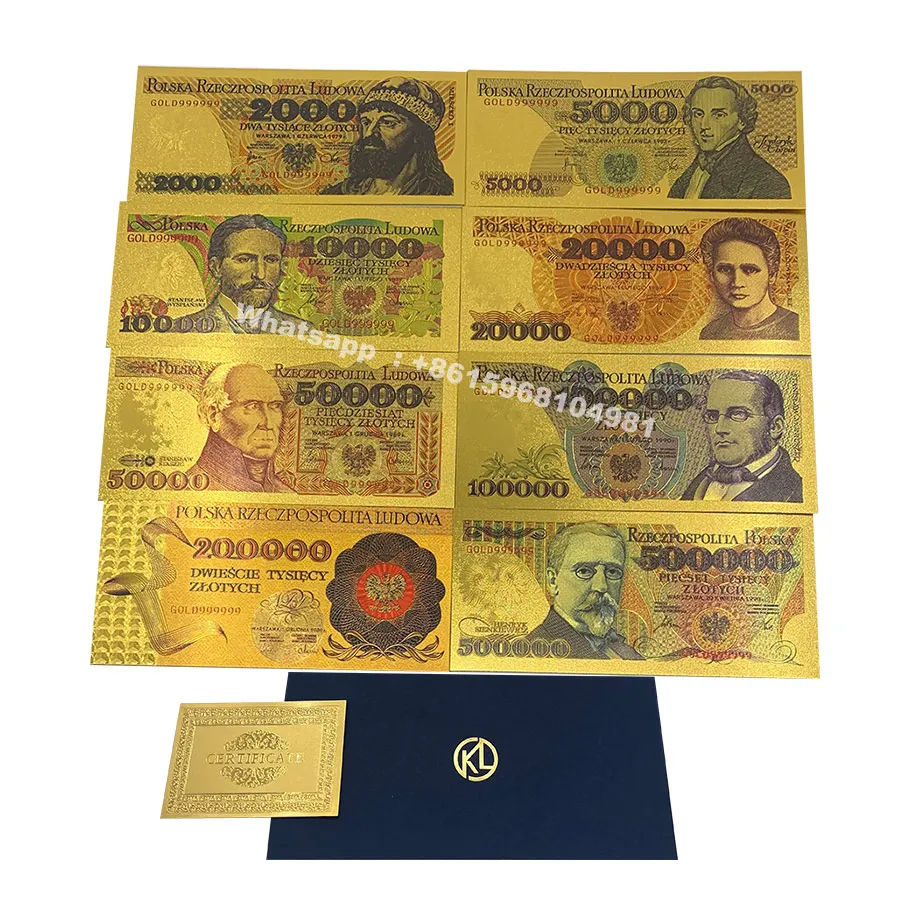 

New 10 Designs Poland Gold Banknotes 2000 5000 10000 20000 50000 100000 200000 500000 PLN for Partriotism Crafts Collection Gift