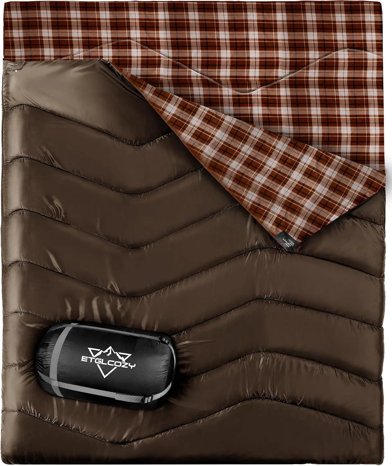 XL Queen Size 2 Person Double Sleeping Bag for Adults, Lightweight Compact with Flannel Liner & Thermolock Draft Tube, Machine