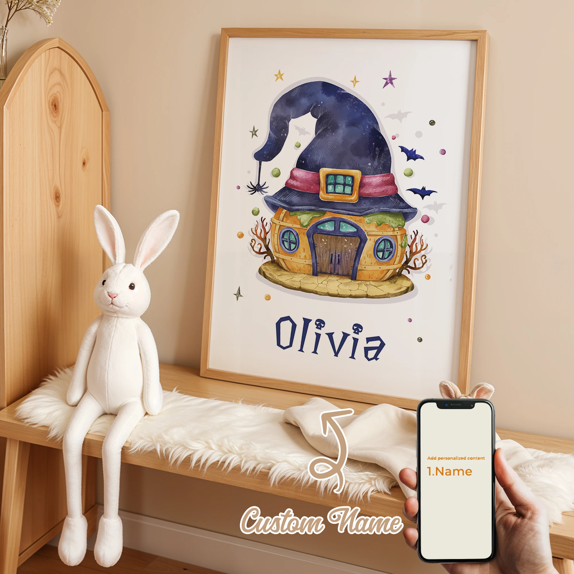 

1Pcs Personalized Custom Name Witch Hat Wall Art Printmaking Canvas Painting Poster Picture For Halloween Living Room Home Decor