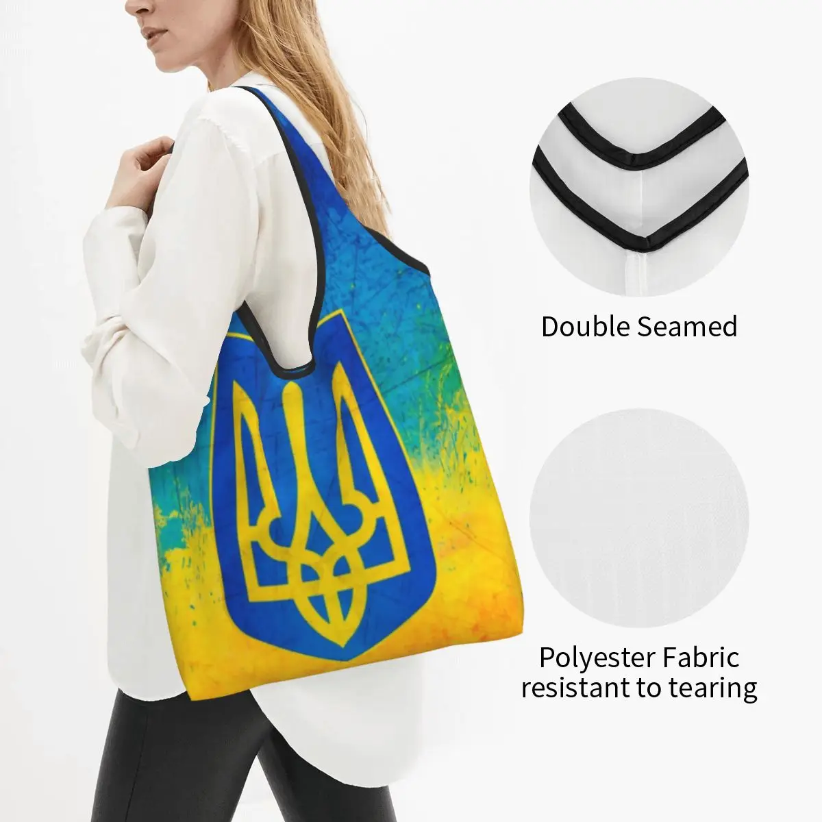 Funny Printing Ukrainian Flag Tote Shopping Bag Portable Shopper Shoulder Ukraine Coat Of Arms Handbag