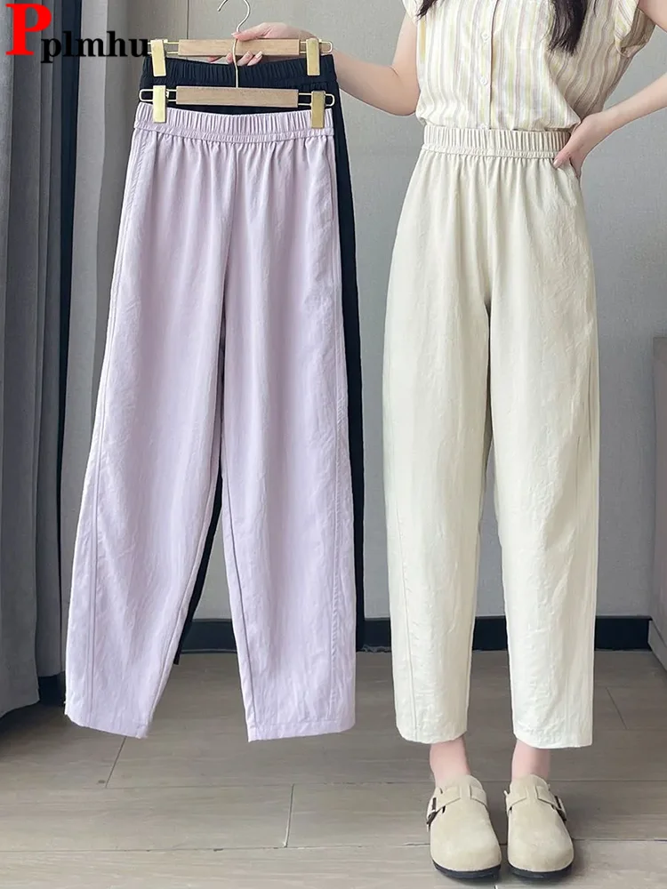 

Ice Slik Loose Harem Pants Women Casual Elastic High Waist Pantalones Summer Thin Ankle Length Spodnie Korean Solid Joggers New