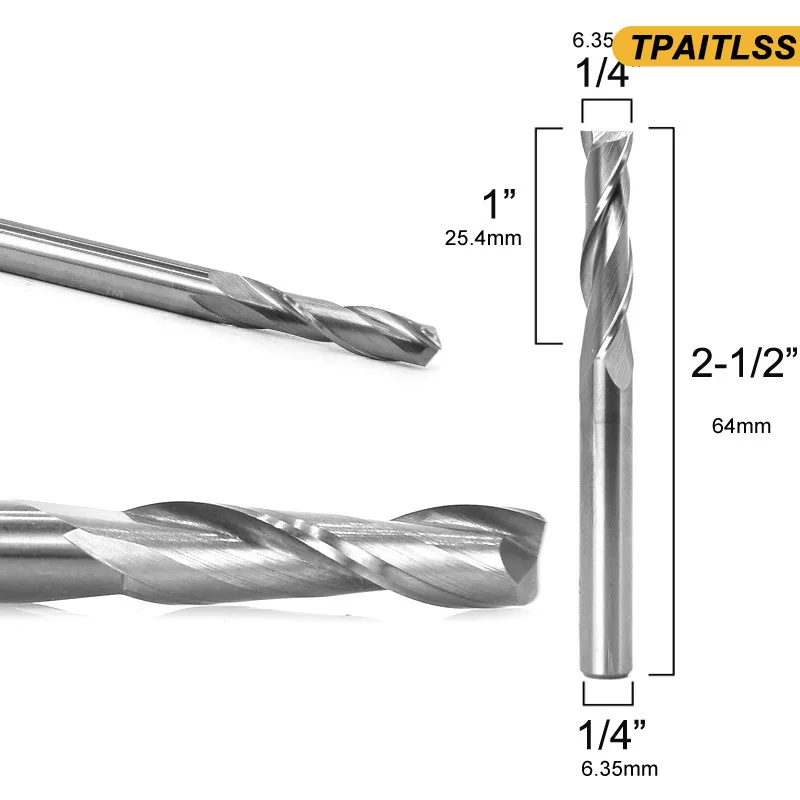 Integral alloy woodworking milling cutter with 1/4 handle, 1/8 double edge and down rotary flat knife.