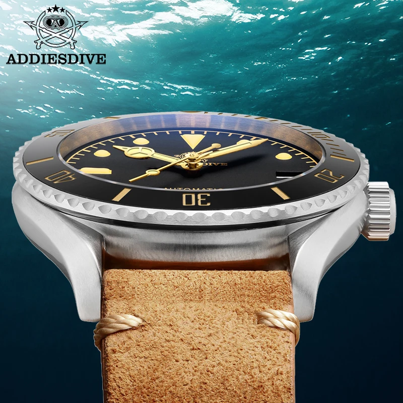 ADDIESDIVE Men’s Leather Mechanical Watches Ceramic Bezel Sapphire NH35 Calendar Wristwatches C3 Retro Luminous Business Watch