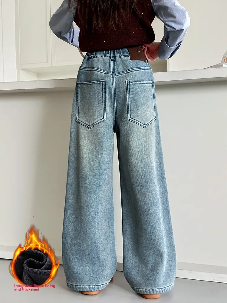 Pantalones vaqueros de mezclilla de pierna ancha con forro de Fce para niñas Otoño Invierno Sle pantalones casuales de algodón de cintura alta para niñas adolescentes