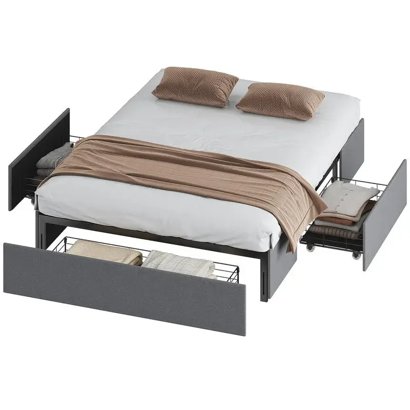Lit coffre 140 x 190 cm, cadre de lit double rembourré avec 3 tiroirs, sommier à lattes en LVL, silencieux, gris