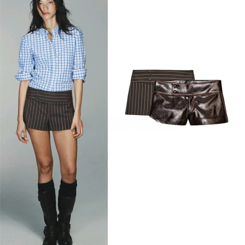 

Spring New Women's Slim Fit Waist ort Pants Striped PU Leather Simulation Fabric Ladies Faion College Sle Polyester Fiber