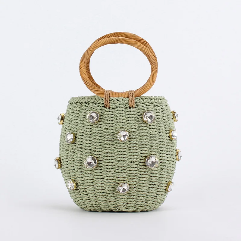 

Handmade Woven Round Bag Bohemian Fashion Straw Bucket Small Handbag Exquisite Clutch Bag