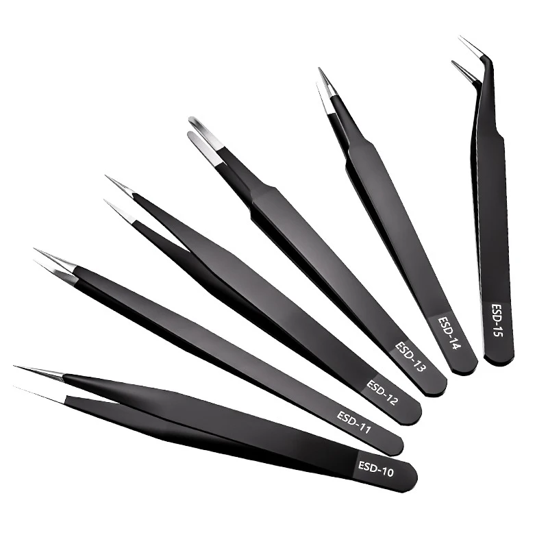 1-6PCS ESD Precision Tweezers Anti-static Stainless Steel Industrial Curved Straight Tip Tweezers Repair Tools for Electronics