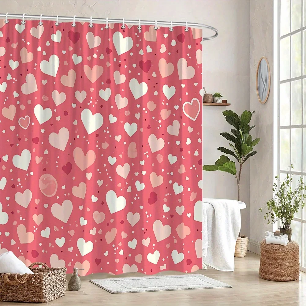 

Занавеска для душа «Причудливое сердце», белые и розовые сердечки на коралле, романтический декор для ванной комнаты, 12 крючков, моющийся полиэстер