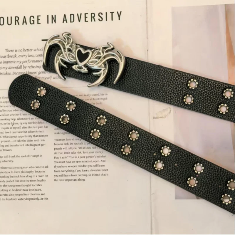 Sabuk Kulit Wind HeartPULeather Dua Sisi, Gaya Retro Street Fashion Wanita, Serbaguna, Pengetat Pinggang, Berpaku Rivet