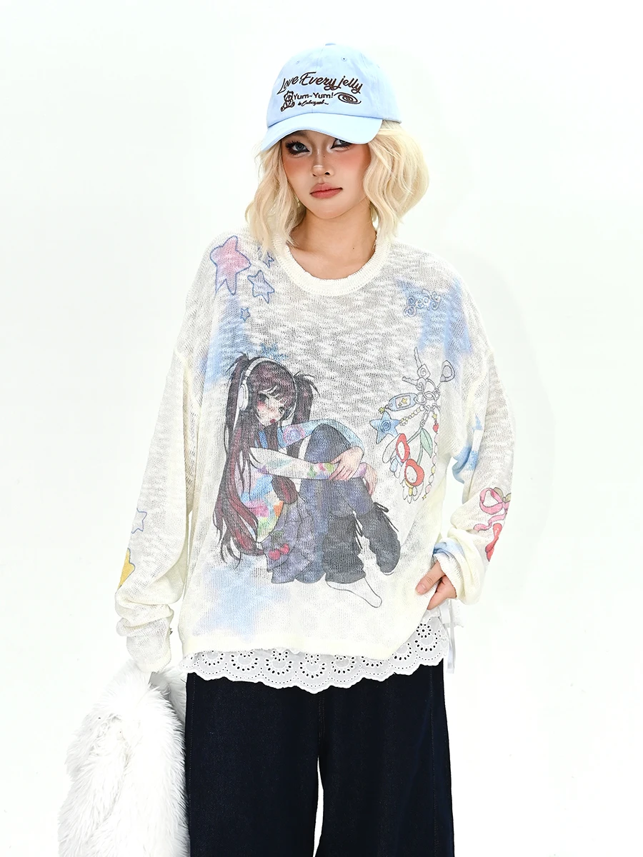 

Женская свободная футболка с длинным рукавом в корейском стиле, с мультяшным принтом, универсальная, для уличного стиля, с цифровым принтом