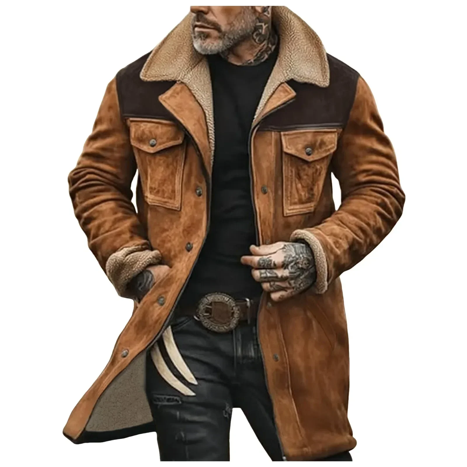 Men'S Winter Jacket 2025 Medium Long Leisure Suede Color Blocked Cotton Jacket With Multiple Pockets And Zippered Retro Coats