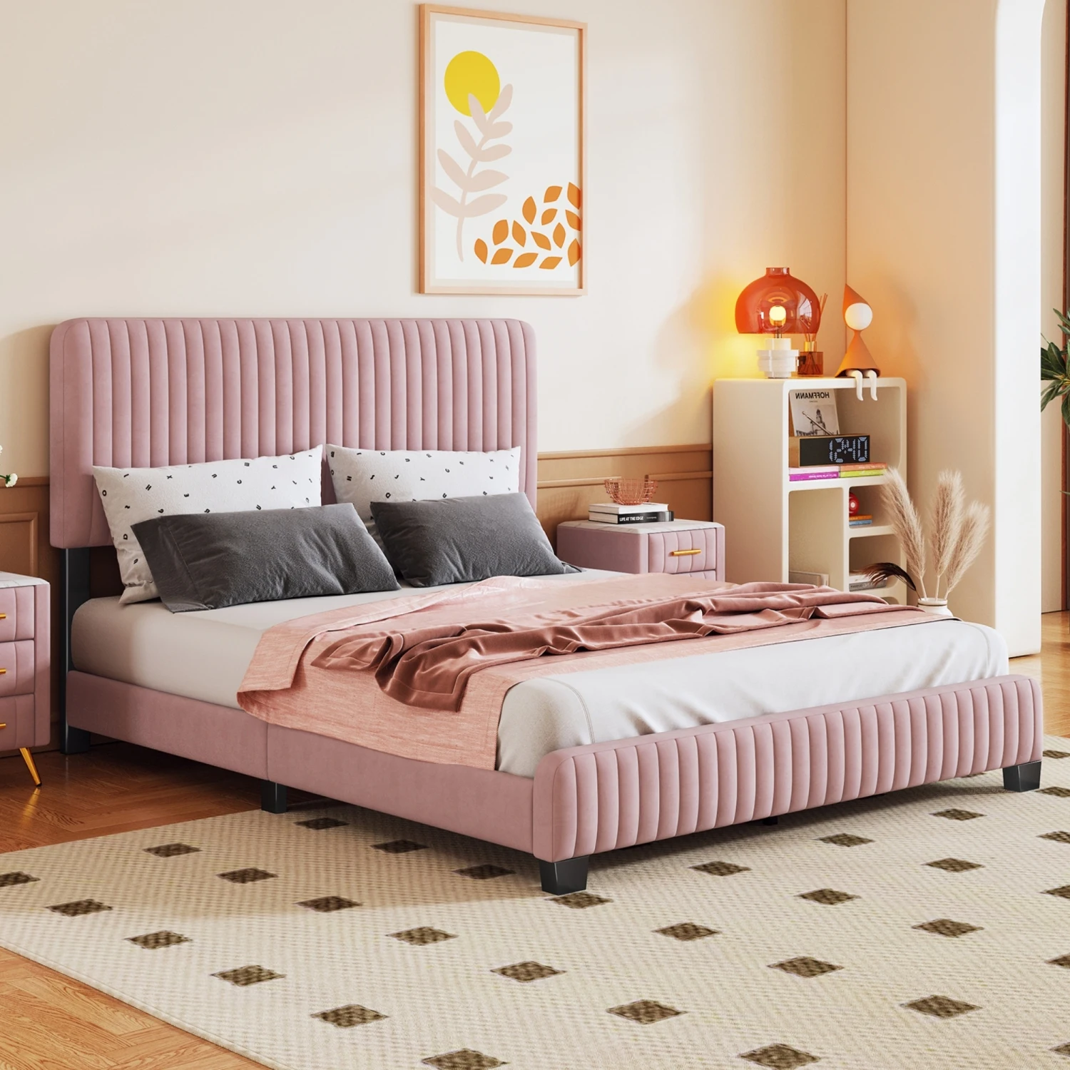 Queen Size Upholstered Platform Bed,No Box Spring Needed, Velvet Fabric,Pink