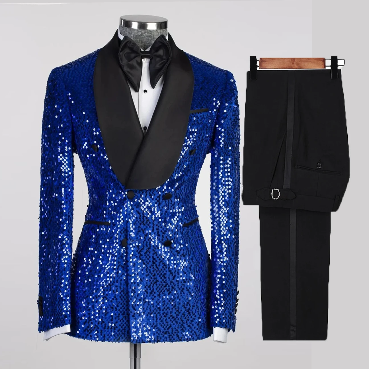 Elegant Male Fashion Sutis Slim Fit Royal Blue Shinny Sequins Groom Men Weddng Tuxedo Tailore-Made 2 Pieces Double Breasted Coat