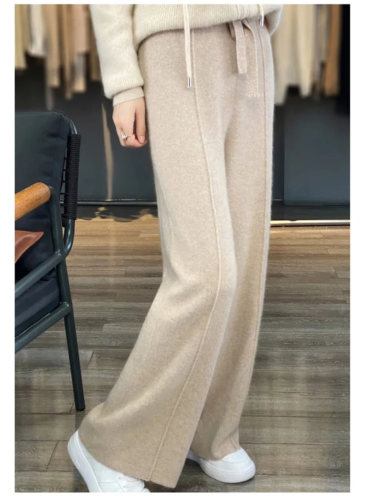 Woolen Pants New Autumn Winter Women Cashmere Pants Soft Comfortable High-Waist Knitted Female Cashmere Thicken Wide Leg Pants