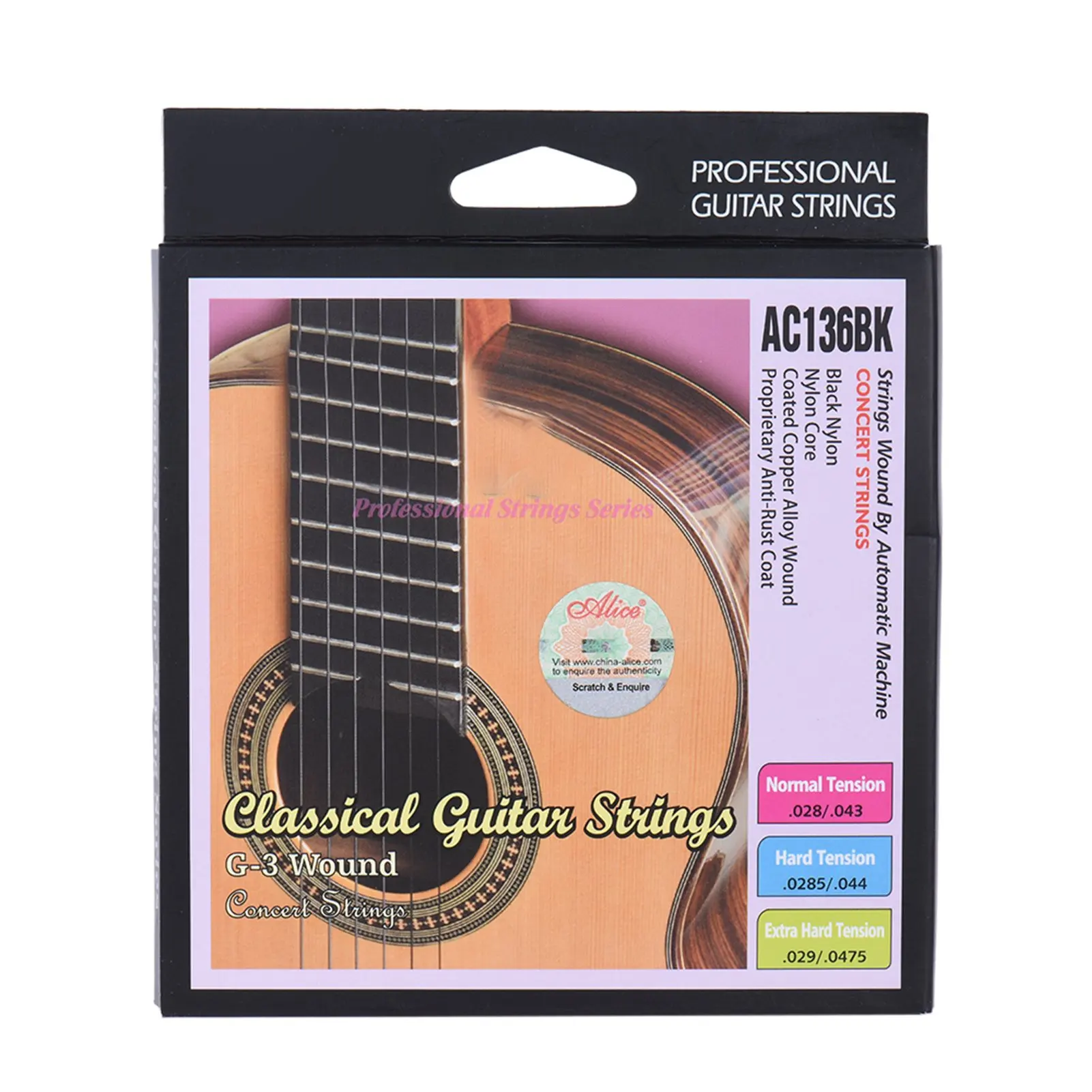 Alice AC136BK-H Black Nylon Classical Guitar Strings 6pcs/set (.0285-.044) Hard Tension with One Complimentary G-3rd String