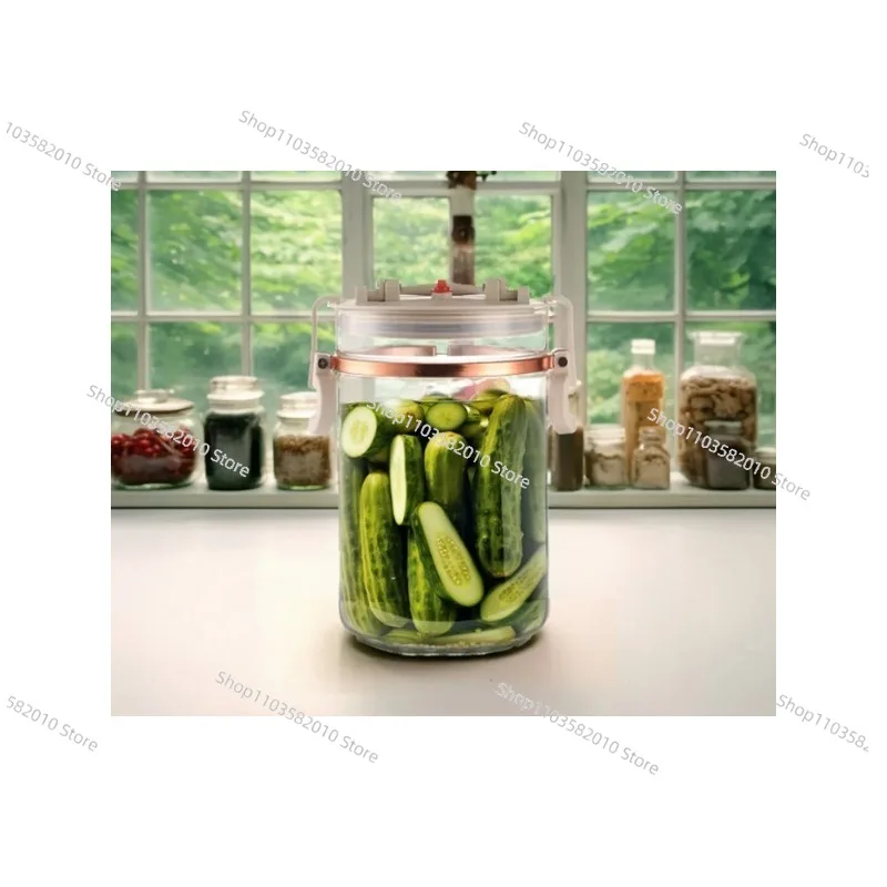 Automatic Exhaust Glass Kimchi Jar, Airtight Sealed Fermentation Container with Self-Venting Lid
