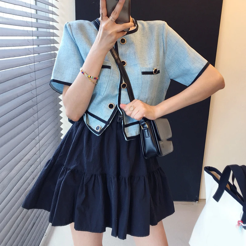 

Chic Retro round Ne Color Blo Line ort Jaet Top + High Waist Flounce Skirt Women's Faion Set Cotton Blend Summer Ou...